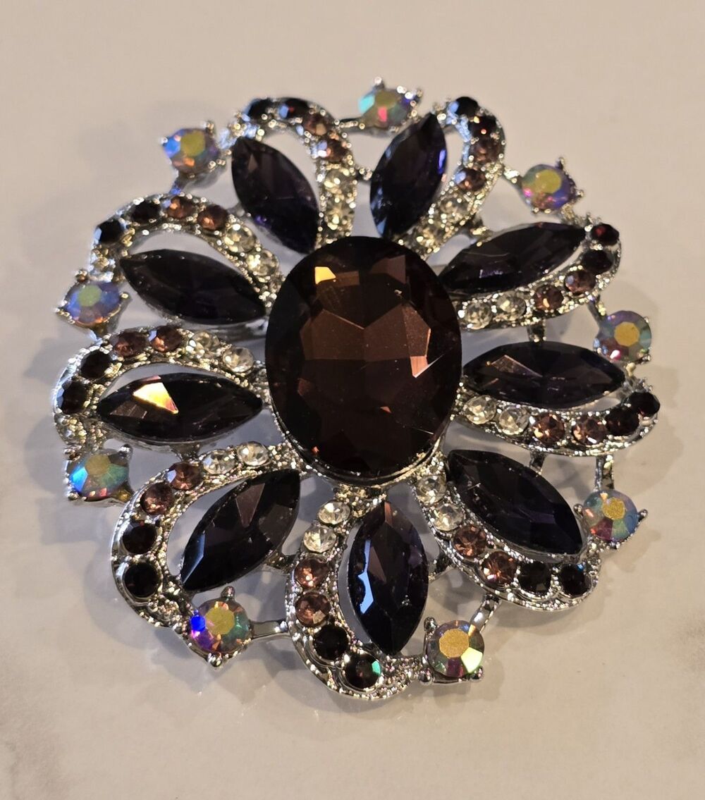 Silver Tone Purple Rhinestone Statement Brooch Large Floral Pin AB Crystal #1293